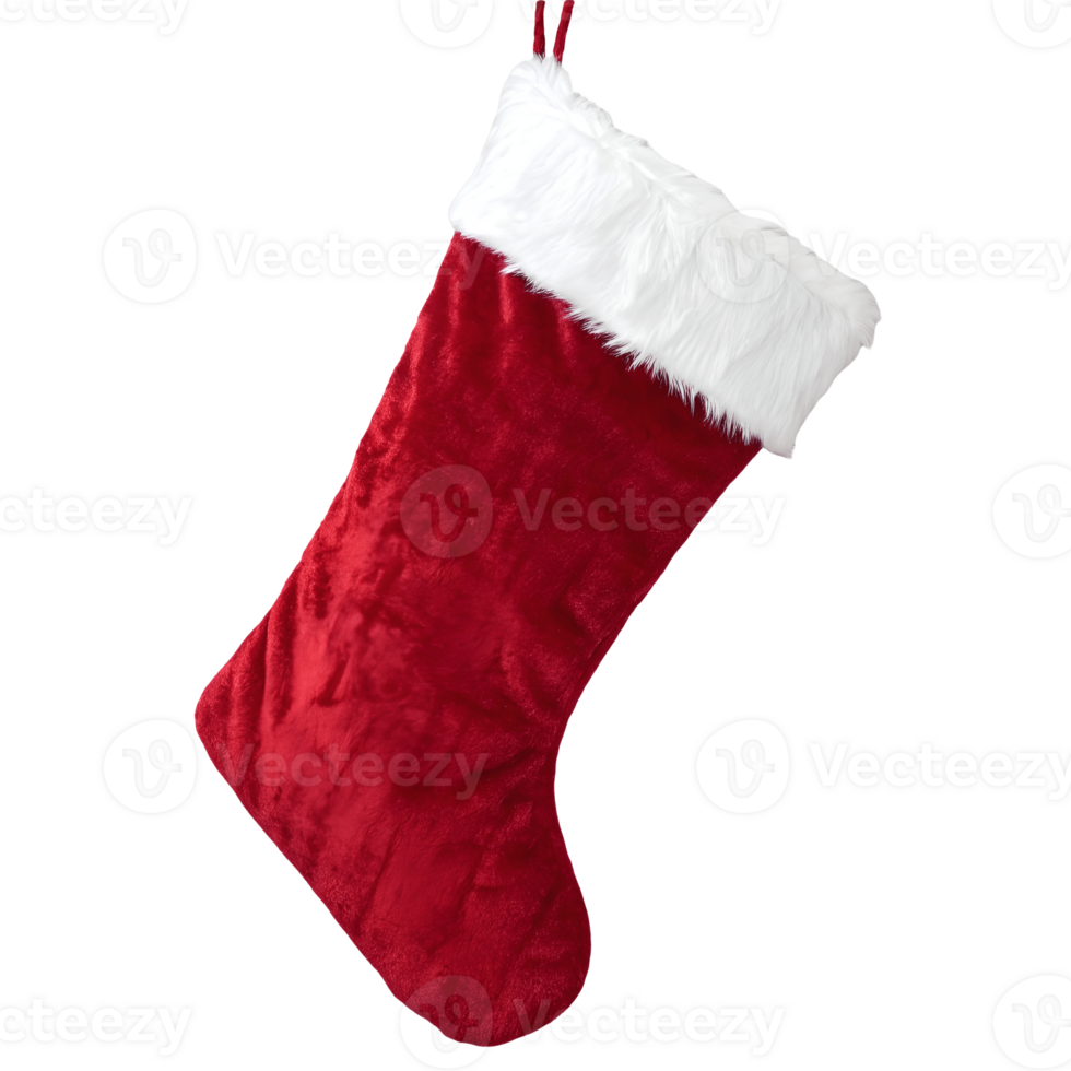Festive Red Velvet Christmas Stocking with White Fur Cuff Hanging Isolated, Holiday Decoration, Traditional Xmas Decor Transparent Background png