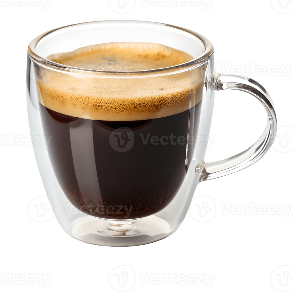 Freshly Brewed Espresso in Clear Double Walled Glass Mug, Morning Coffee, Intense Aroma, Dark Roast, Simple Background Transparent Background png