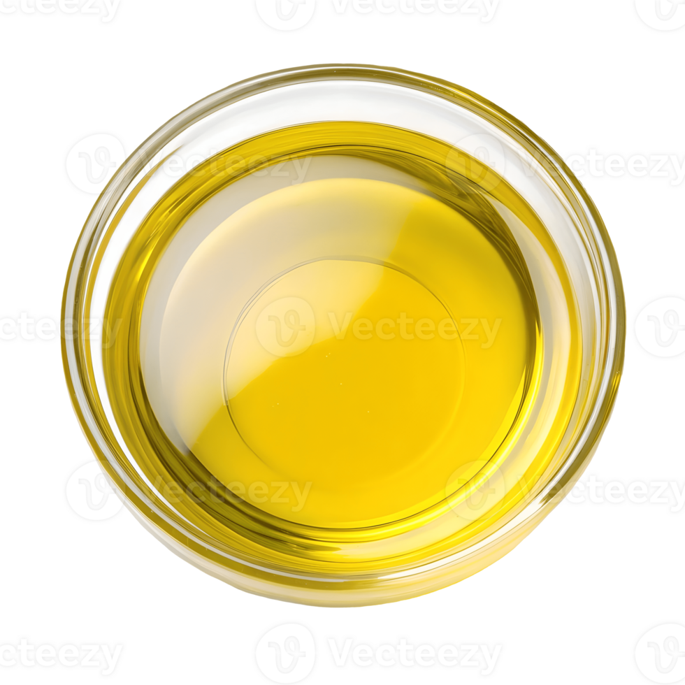 Golden Olive Oil in Glass Bowl Culinary Ingredient, Cooking Oil, Natural Light, Healthy Fats, Kitchen Essential, Gourmet Food Preparation, Transparent Container, Top View Transparent Background png