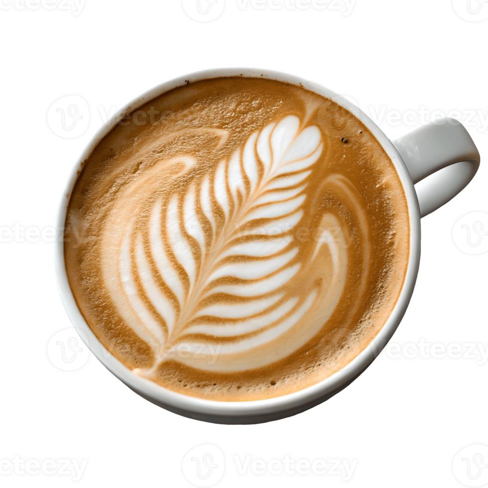 Latte Art Perfection Top-Down View of a Creamy Coffee Cup with Intricate Leaf Design, Warm Beverages, Cafe Culture Transparent Background png