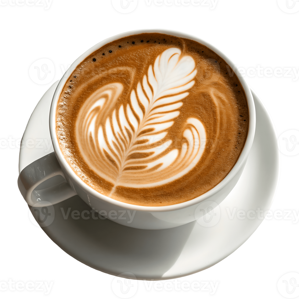 Latte Art Delight Top-View Close-Up of a White Coffee Cup with Intricate Foam Design on a Saucer, Highlighting Coffee Culture Transparent Background png