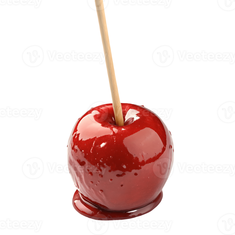 Shiny Red Candy Apple on a Stick Isolated on White, Sweet Treat, Festive Food, Halloween Dessert, Autumn Confectionery Transparent Background png