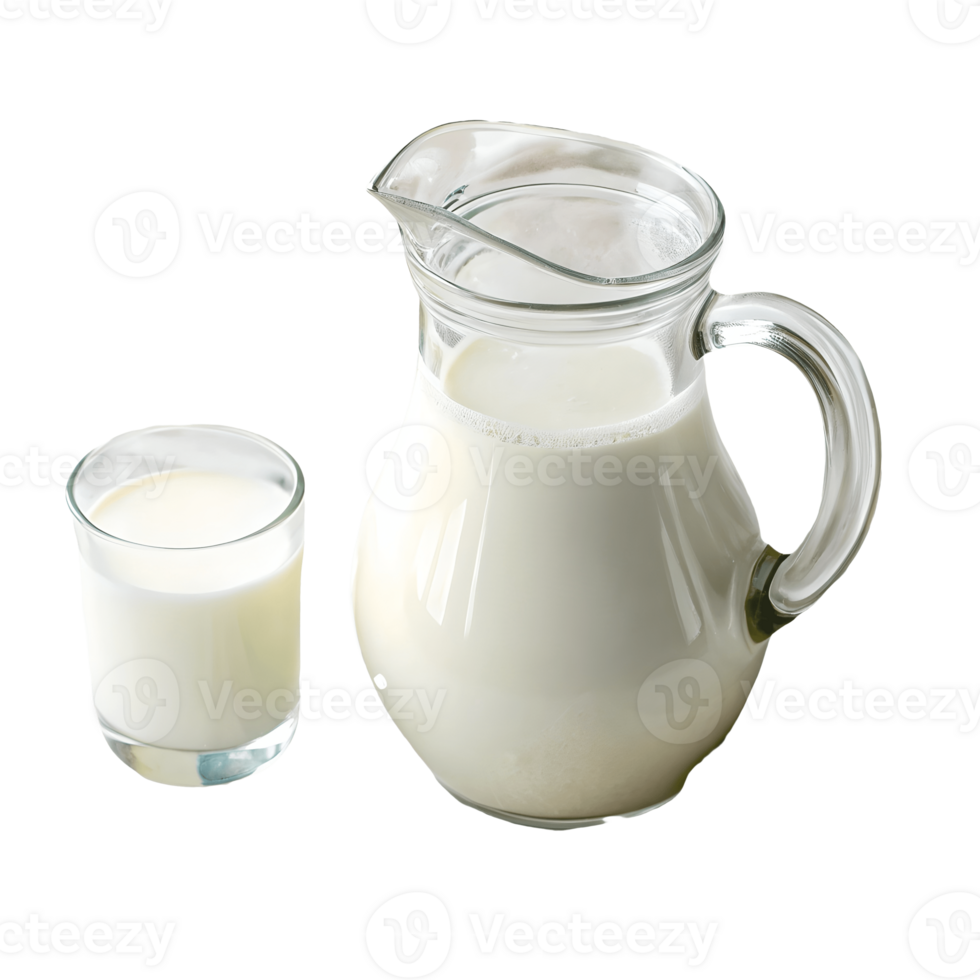 Fresh Milk in Glass Pitcher and Glass, Dairy Drink, Healthy Beverage, Isolated on White Transparent Background png