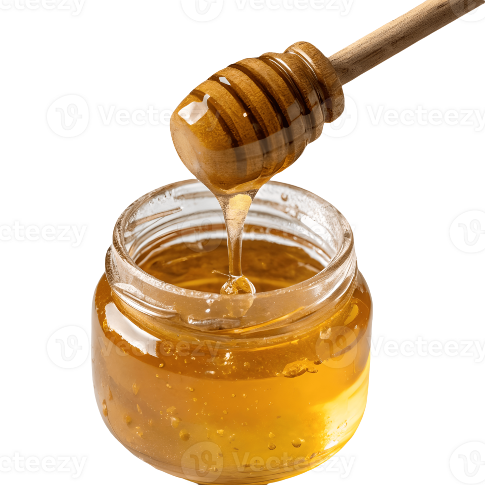 Honey Dripping from Dipper into Jar Sweet, Golden, Natural Food, Organic, Close Up, Rustic Charm Transparent Background png