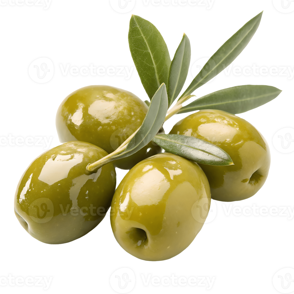 Fresh Green Olives Still Life Glossy, Olive Branch, Mediterranean Cuisine, Appetizing, Healthy Food, Isolated on Transparent Background png