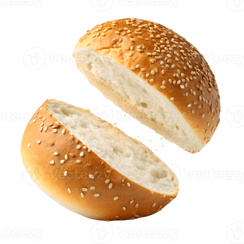 Floating Burger Bun Halves with Sesame Seeds on, Fresh Baked Bread, Food Photography, Restaurant Menu, Delicious Appetizer Transparent Background png