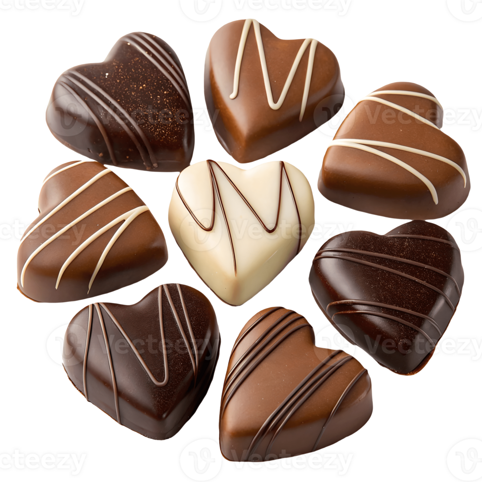 Valentines Day Chocolate Hearts Gourmet Assortment of Dark, Milk, and White Chocolate Delights for Romantic Celebrations Transparent Background png