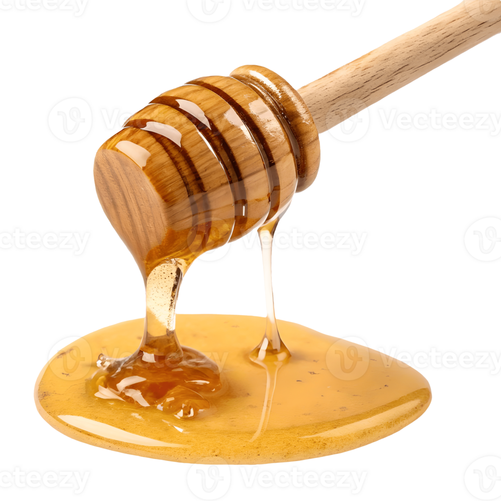 Dripping Honeycomb Golden Honey Flowing from Wooden Dipper, Sweet Dessert, Natural Food, Honeycomb Harvest, Golden Syrup, Delicious Sweetness Transparent Background png