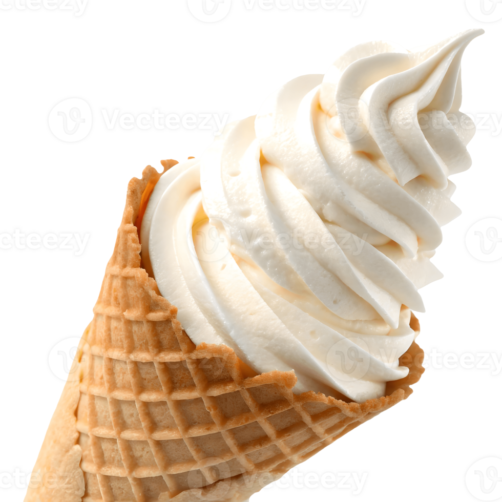 Creamy Vanilla Soft Serve Ice Cream Cone on White, Refreshing Dessert Treat, Sweet Indulgence, Frozen Delight, Tasty Confection Transparent Background png