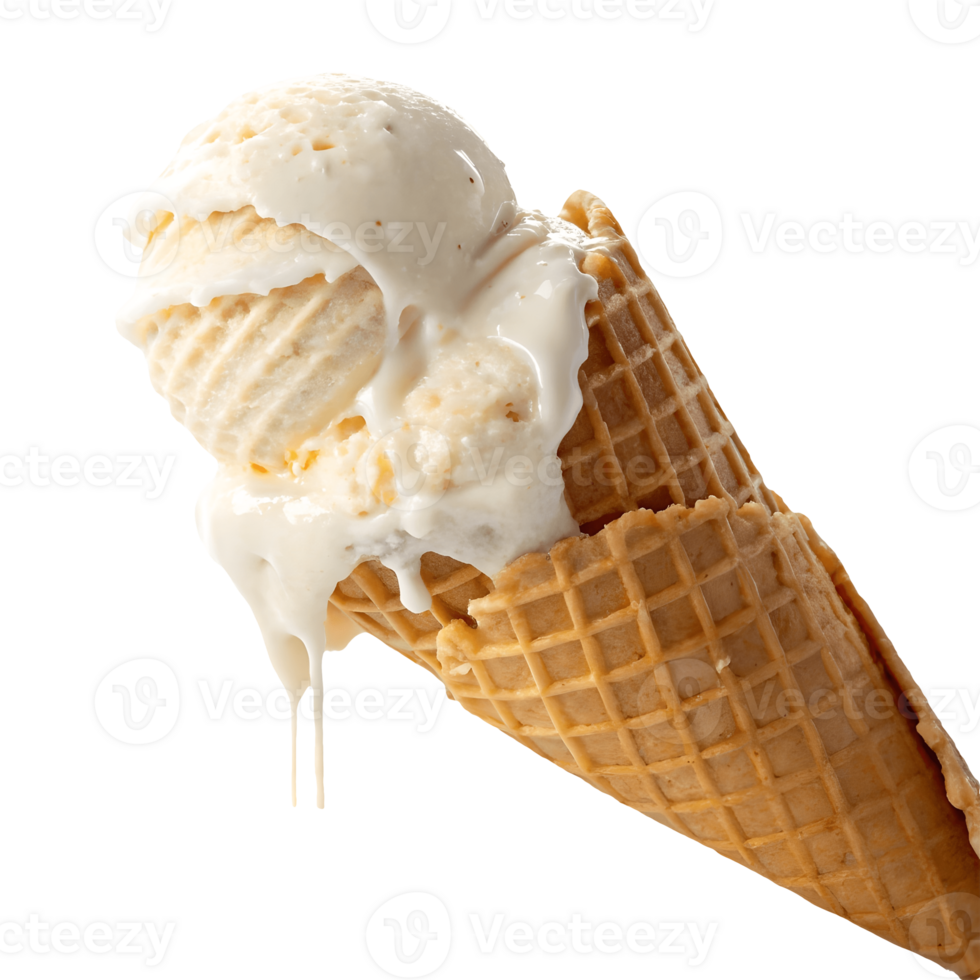 Melting Vanilla Ice Cream Cone Delight Sweet Treat, Summer Dessert, Isolated Background, Refreshing, Indulgent, Delicious Transparent Background png