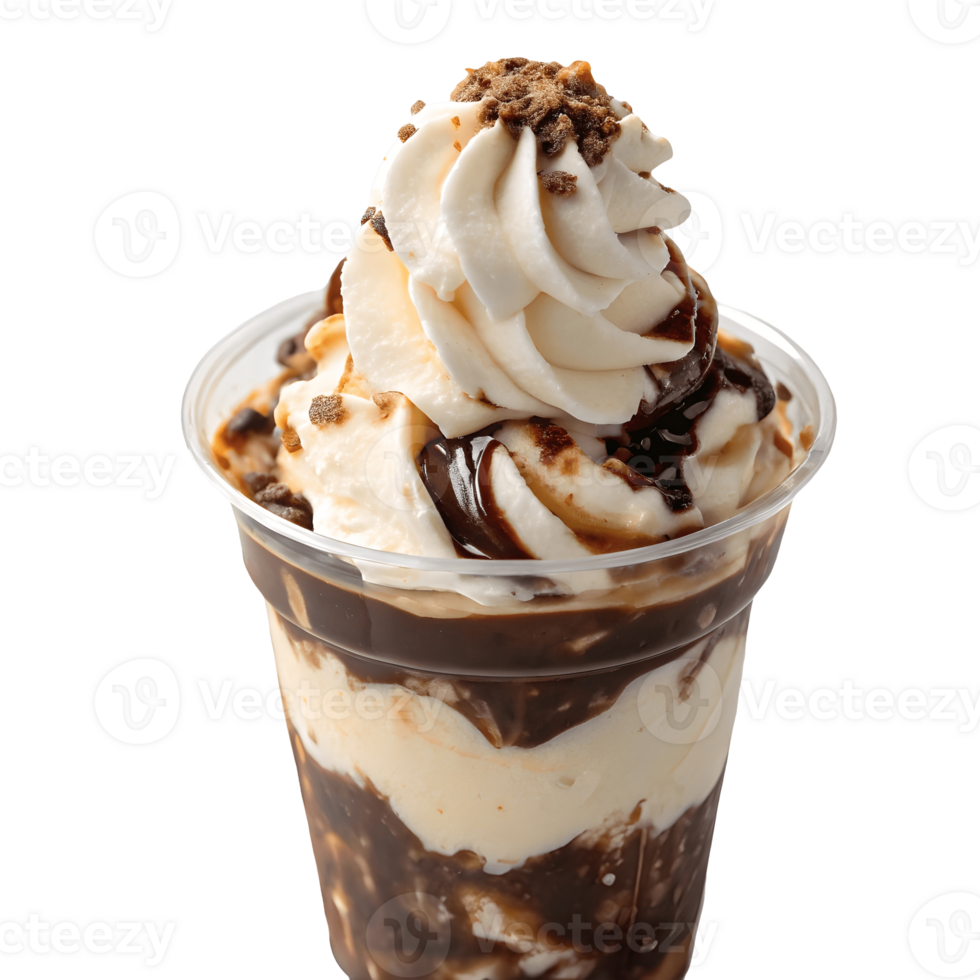 Decadent Chocolate Sundae Indulgence Creamy Vanilla Ice Cream, Rich Chocolate Sauce, Whipped Cream and Crunchy Crumble Topping Dessert in a Clear Cup on Transparent Background png