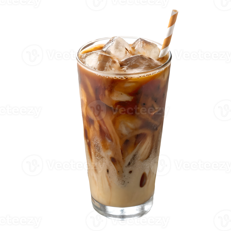 Iced Coffee Delight Refreshing Cold Brew with Cream Swirls and Striped Straw, Beverage Photography, Isolated on White Transparent Background png