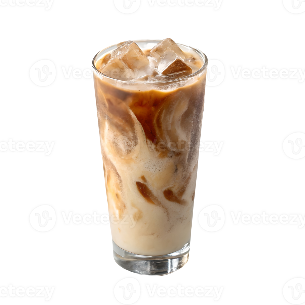 Refreshing Iced Latte Coffee Delight with Swirling Milk and Ice Cubes on, a Cold Summer Drink Transparent Background png