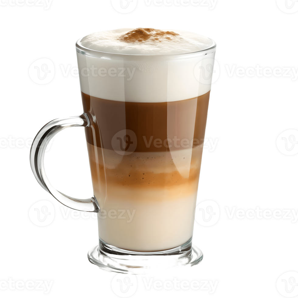 Layered Latte Macchiato in Glass Mug Creamy Coffee Beverage with Foamy Top and Elegant Presentation, Isolated on White Transparent Background png