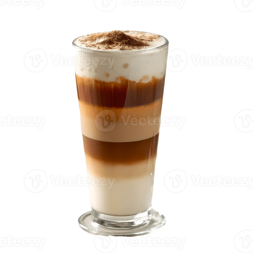 Layered Latte Macchiato in Glass Cup Topped with Cinnamon Powder, Perfect for Coffee Lovers and Cafe Vibes Transparent Background png