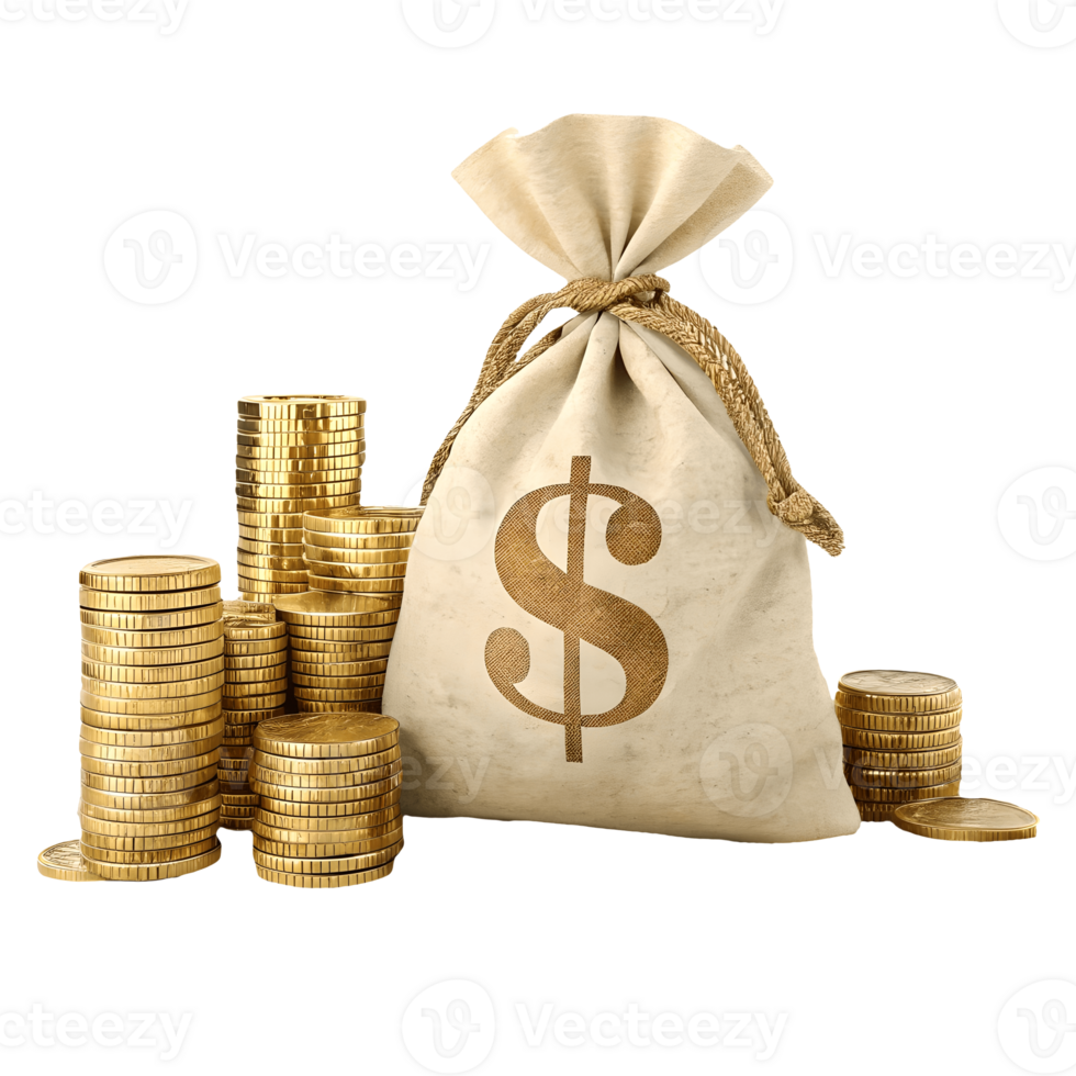 Wealth and Abundance Gold Coins and Dollar Sign Sack, Investment Success, Financial Prosperity, Stack of Money, Income, isolated background Transparent Background png