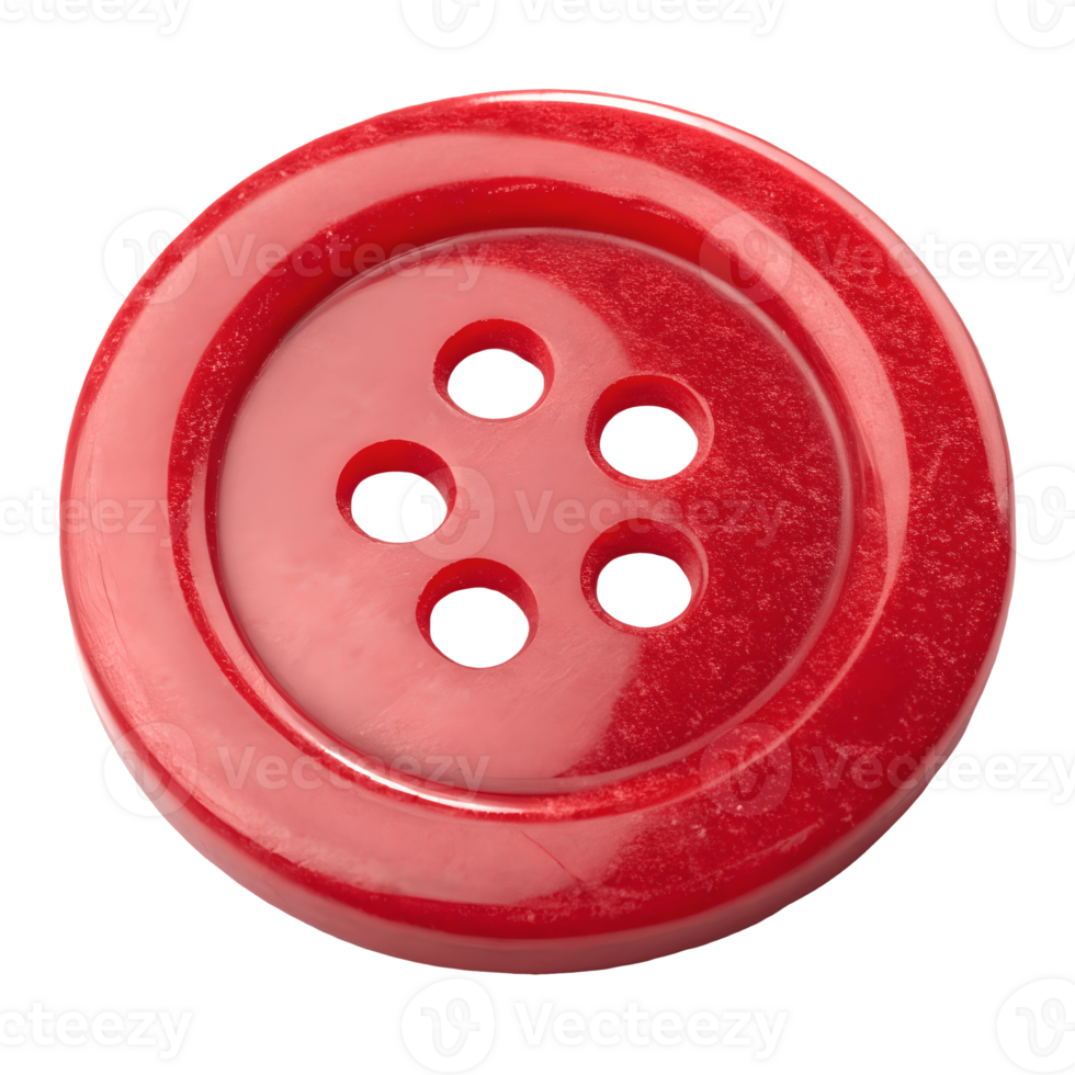 Macro CloseUp of Red Button with Four Holes on Isolated Sewing, Fashion, Clothing, Crafting Transparent Background png