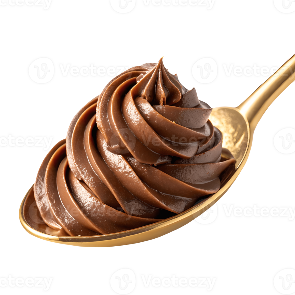 Decadent Chocolate Frosting Swirl on Golden Spoon, Creamy Dessert Indulgence, Gourmet Treat, Sweet Temptation, Studio Shot, Exquisite Presentation Transparent Background png