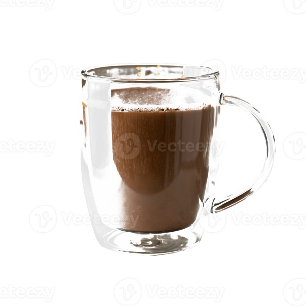 Hot Chocolate Delight Steamy Beverage in Double-Walled Glass Mug, Cozy Drink Transparent Background png