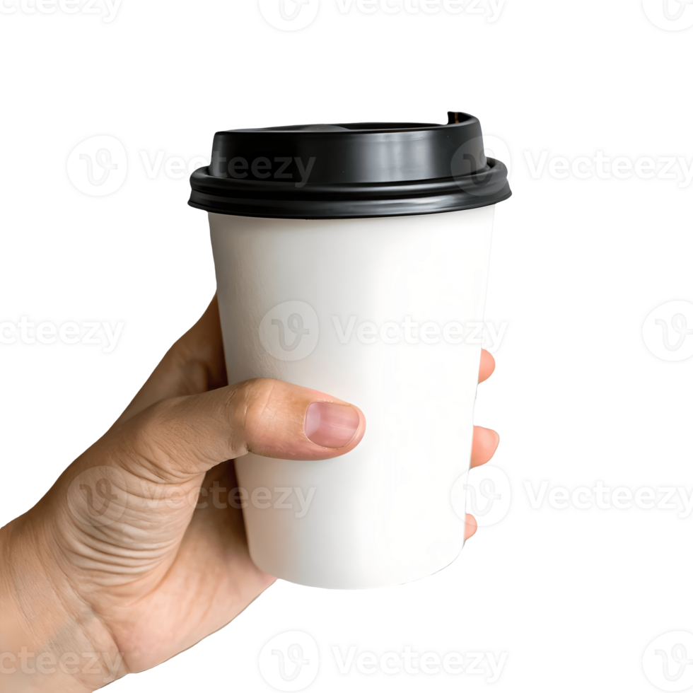 Hand Holding White Coffee Cup with Black Lid Isolated Drinkware, Beverage, and Lifestyle Image Transparent Background png