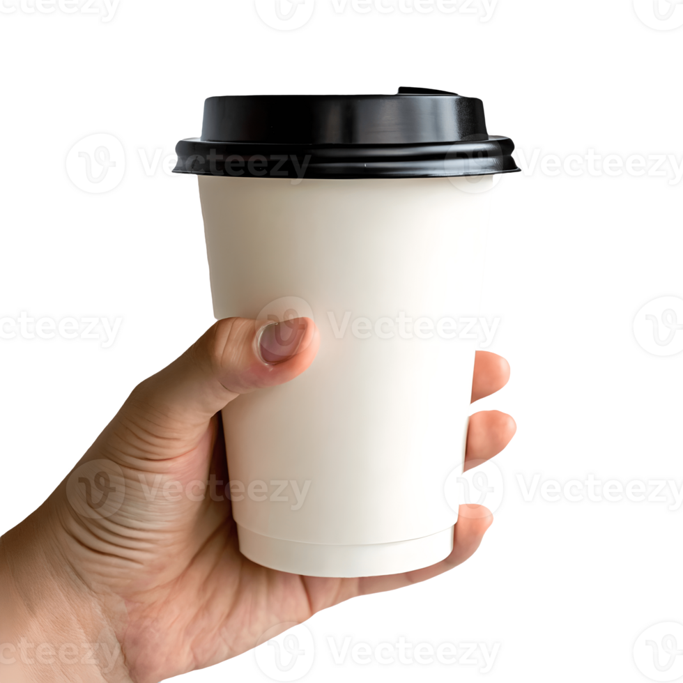 Hand Holding White Paper Coffee Cup with Black Lid Isolated Beverage, Hot Drink, Morning Routine Transparent Background png
