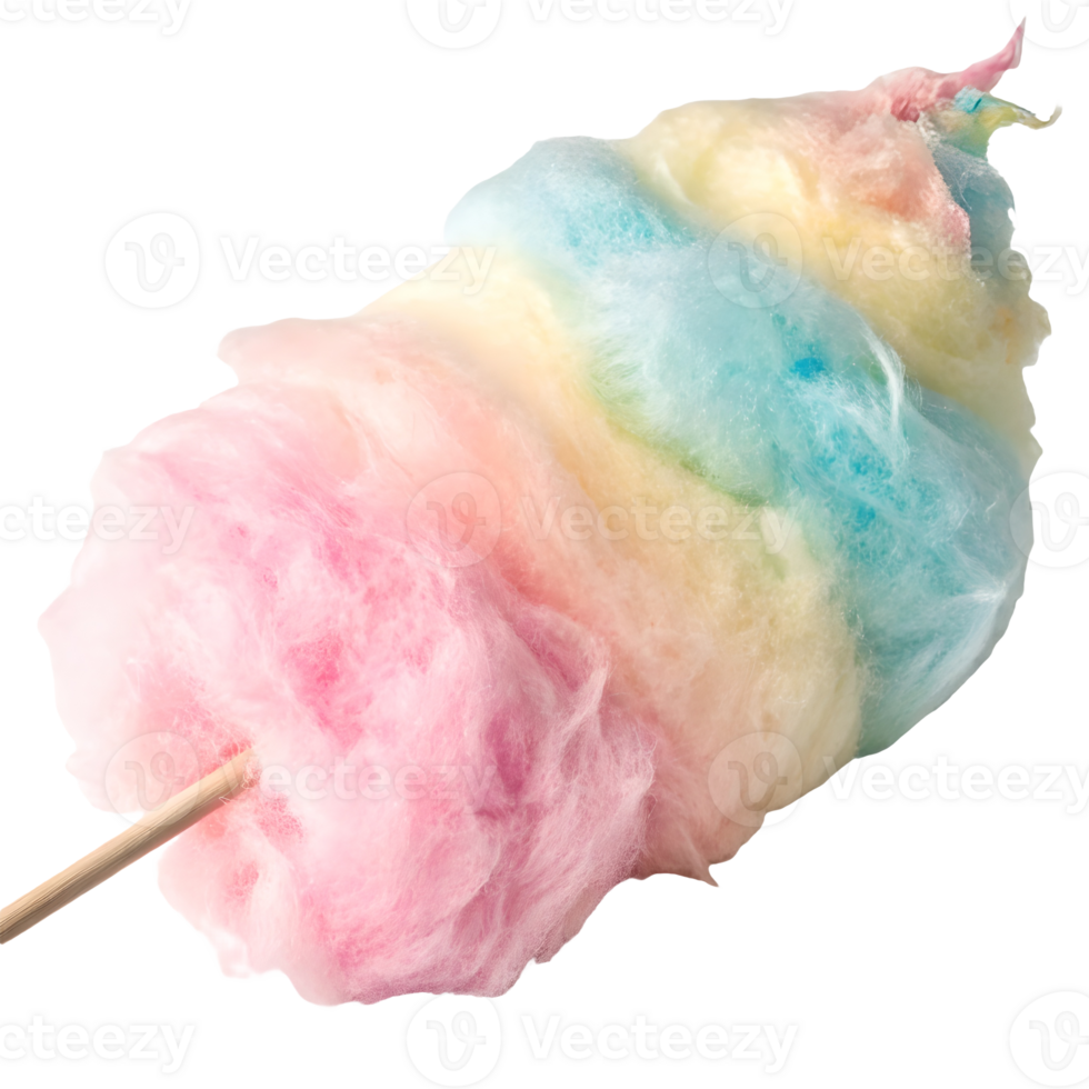 Colorful Cotton Candy Delight Sweet Treat, Pink, Yellow, and Blue Floss on a Stick, Childhood Fun Transparent Background png