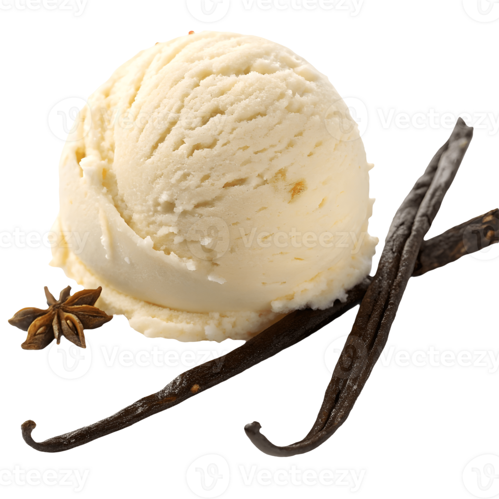 Creamy Vanilla Ice Cream Scoop with Vanilla Beans and Star Anise, Aromatic Dessert Treat, Culinary Delights Transparent Background png