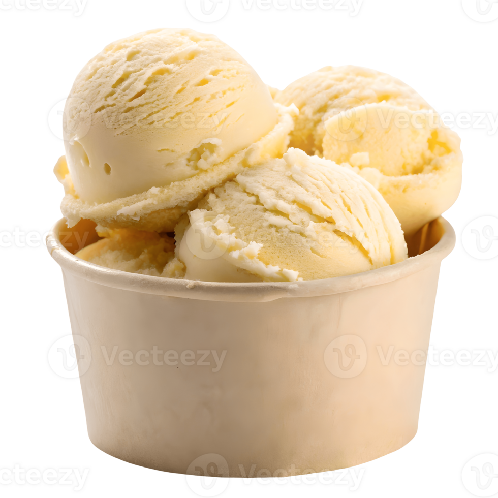 Creamy Vanilla Ice Cream Scoops in Paper Cup, Refreshing Dessert Treat, Isolated on White, Food Photography, Summer Indulgence Transparent Background png