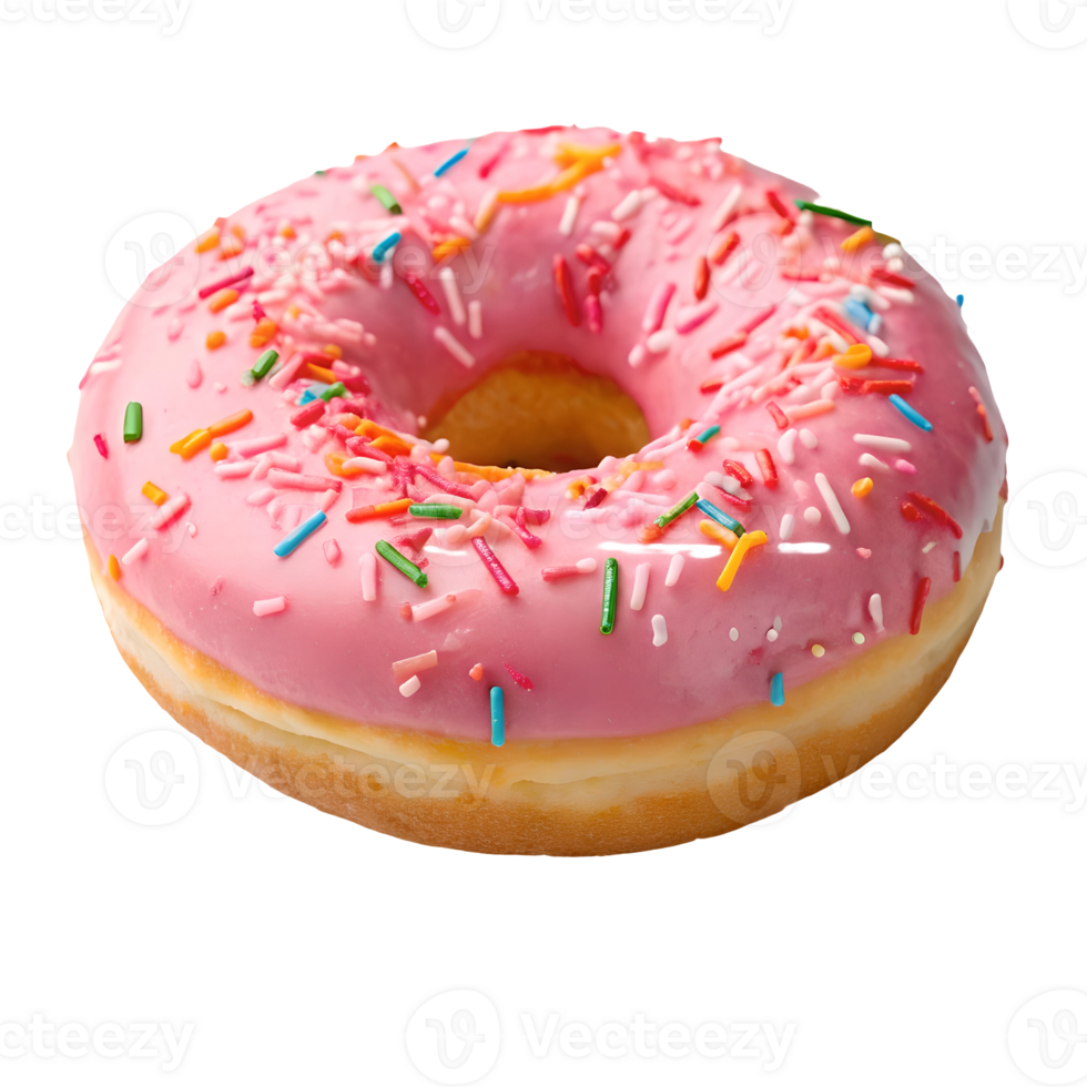 Delicious Pink Frosted Donut with Colorful Sprinkles Isolated on White, Sweet Treat Bakery Confection, Food Photography Transparent Background png