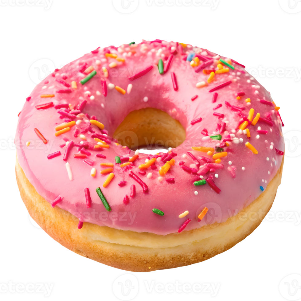 Delicious Pink Frosted Donut with Colorful Sprinkles, Sweet Treat, Baked Good, Isolated, Bakery, Food Photography, Dessert Delight Transparent Background png