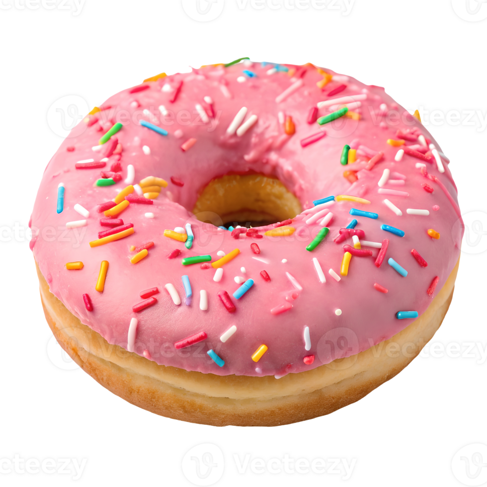 Delicious Pink Frosted Donut with Sprinkles Isolated on White, Sweet Treat, Bakery Confectionery Transparent Background png
