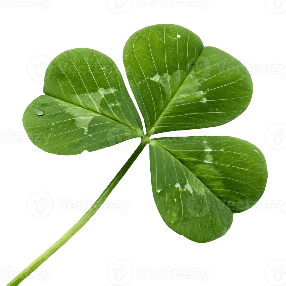 Lucky Green Three-Leaf Clover with Water Droplet Fresh Spring Irish Symbol for Good Fortune and Saint Patricks Day Transparent Background png