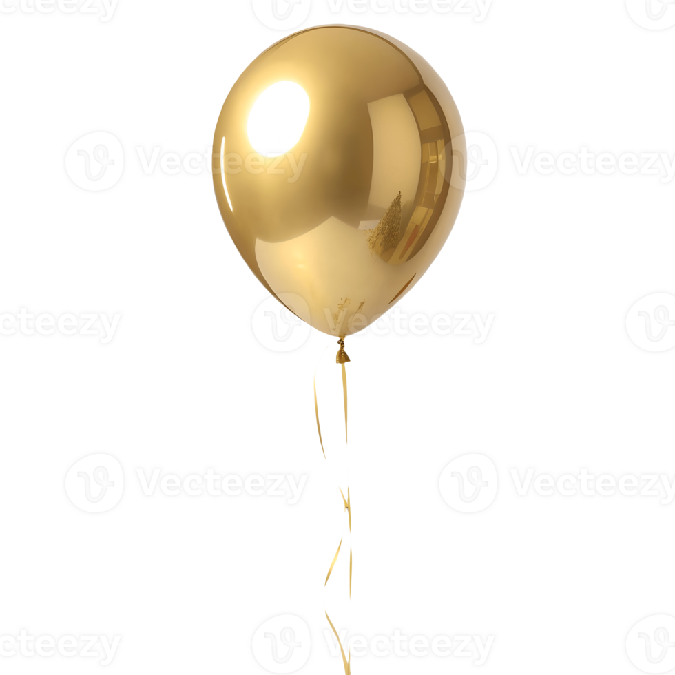 Radiant Gold Balloon Floating on Elegant Party Decoration, Festive Celebratory Atmosphere, Shiny Reflective Surface, Helium Balloon with Ribbon Transparent Background png