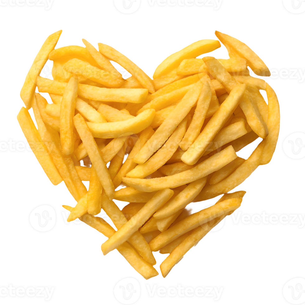 Heart Shaped French Fries Pile on Love for Fast Food, Golden Crispy Potatoes Transparent Background png