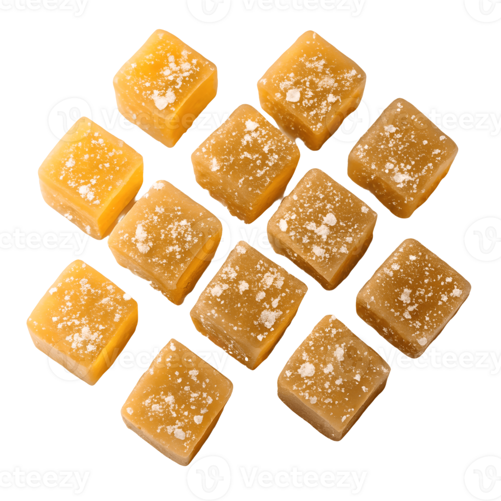 Delicious Cube Shaped Orange Gummies with White Powder Coating, Sweet Treat, Confectionery Delight, Edible Transparent Background png