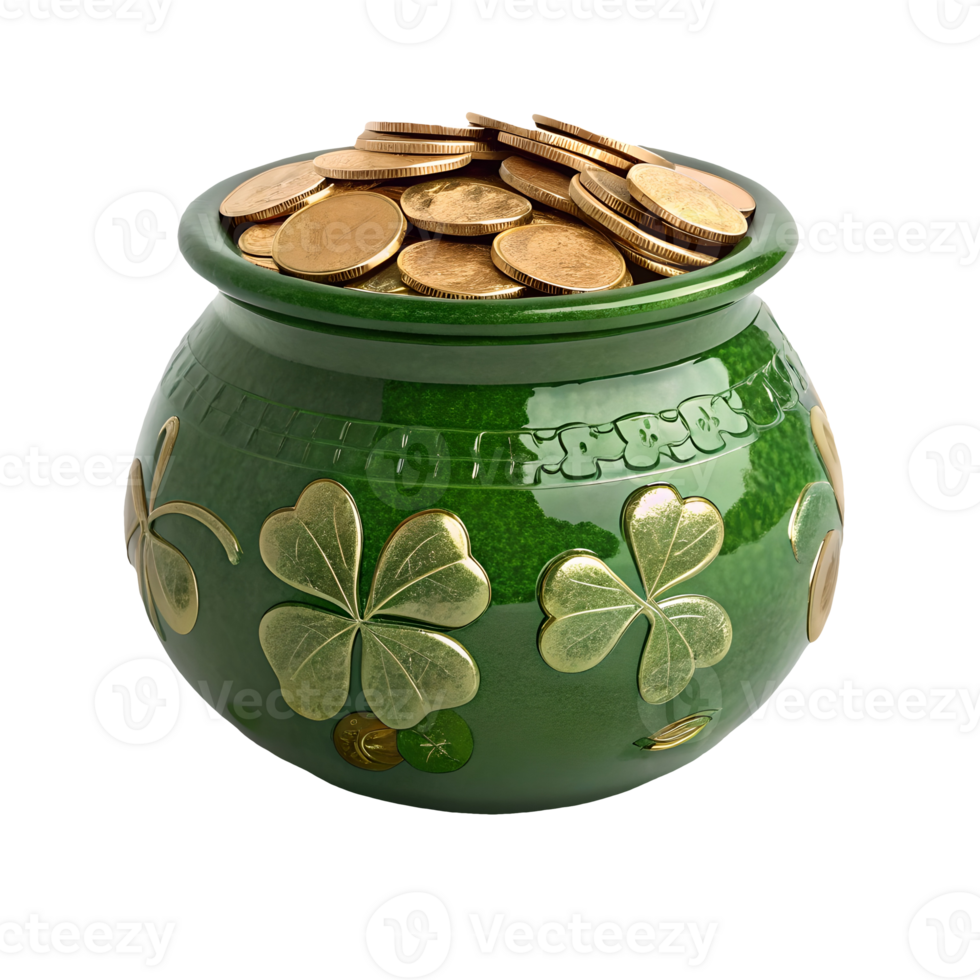 St Patricks Day Pot of Gold Green Pot with Shamrock Decoration and Golden Coins, Leprechaun Treasure, Luck of the Irish Transparent Background png