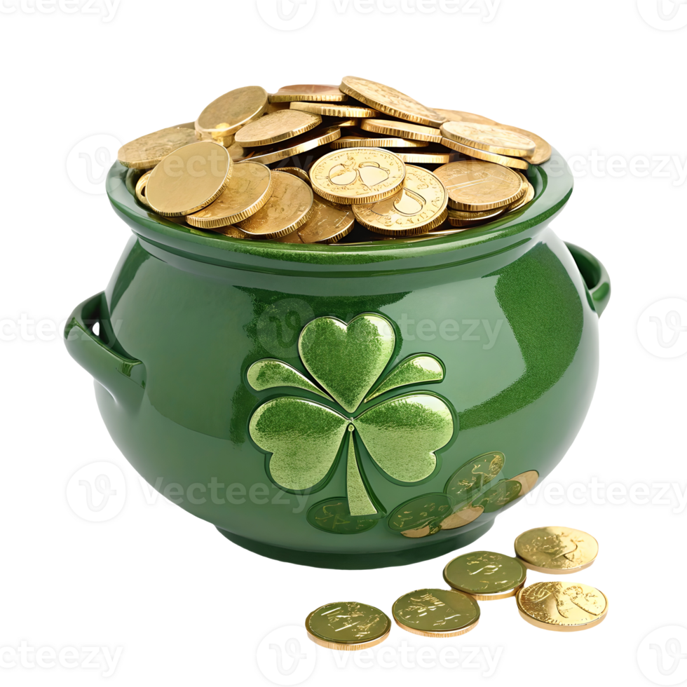 St Patricks Day Pot of Gold Overflowing Luck, Irish Tradition, Shiny Coins, Festive Celebration, Leprechauns Treasure, Green Pot, Clover Symbol Transparent Background png