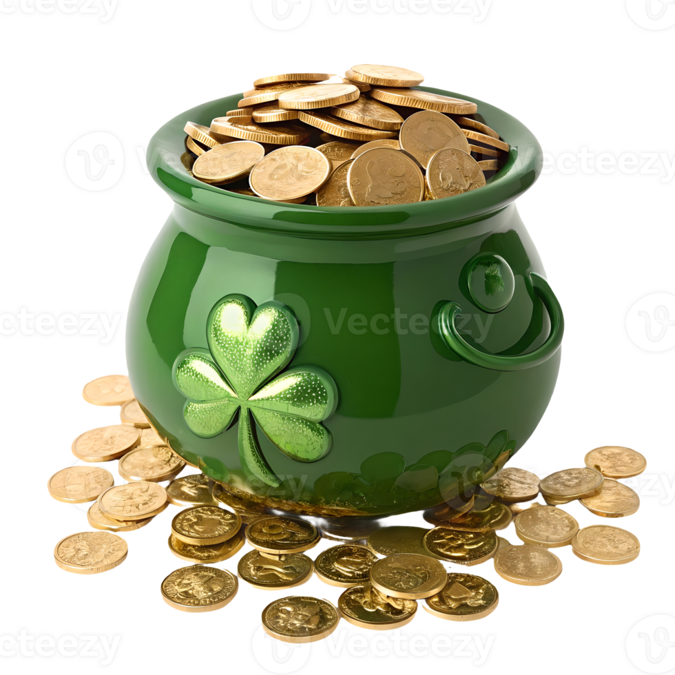 St Patricks Day Pot of Gold with Shamrock, Lucky Coins Overflowing, Celebration, Festive, Irish Tradition, Wealth Transparent Background png