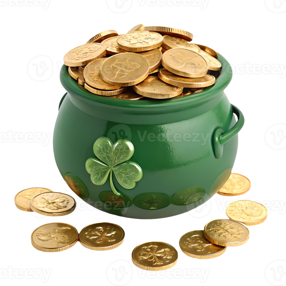 St Patricks Day Gold Coins in Pot of Gold, Irish Luck, Clover, Prosperity, Green, Holiday, Celebration, Treasure, Lucky Transparent Background png