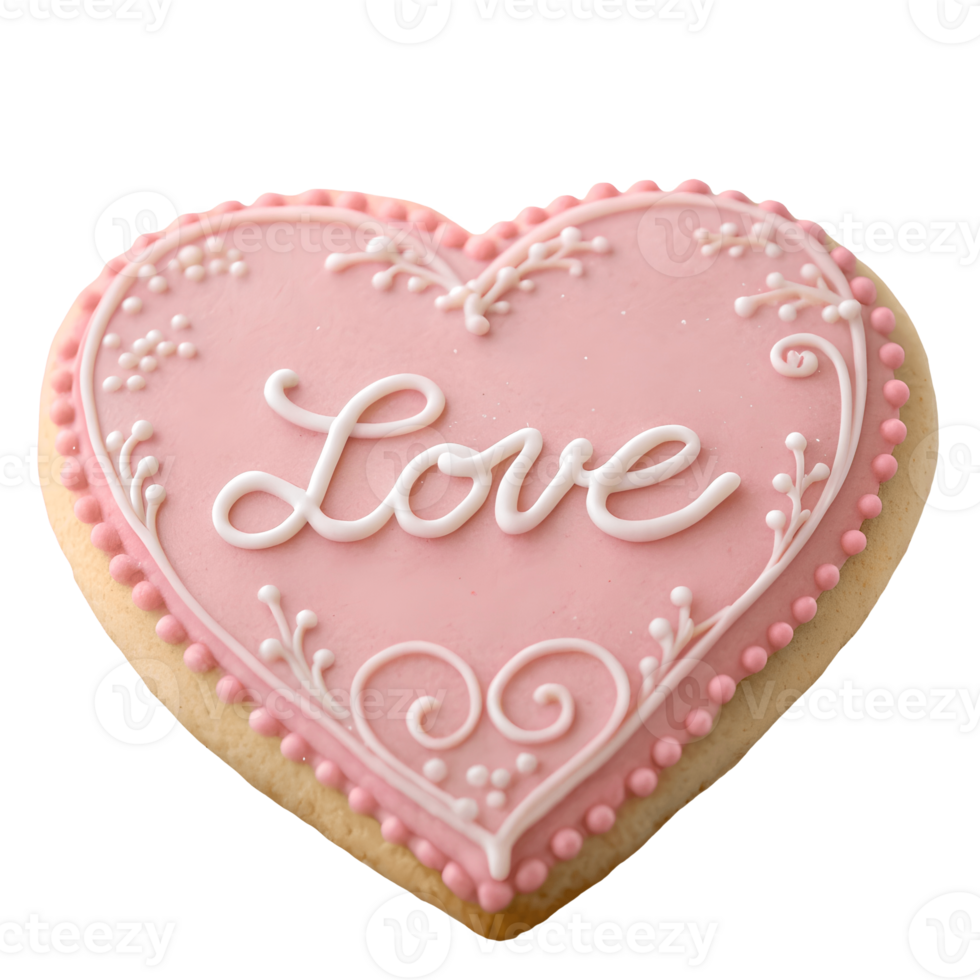 Heart Shaped Cookie with Pink Icing and Love Script for Valentines Day, Romantic Treat, Sweet Dessert, Holiday Baking Transparent Background png