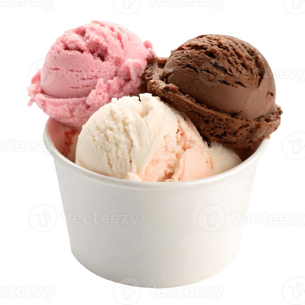 Delicious Trio of Ice Cream Scoops in a White Paper Cup, Featuring Strawberry, Chocolate, and Vanilla Flavors, Ready to Enjoy on a Warm Day Transparent Background png