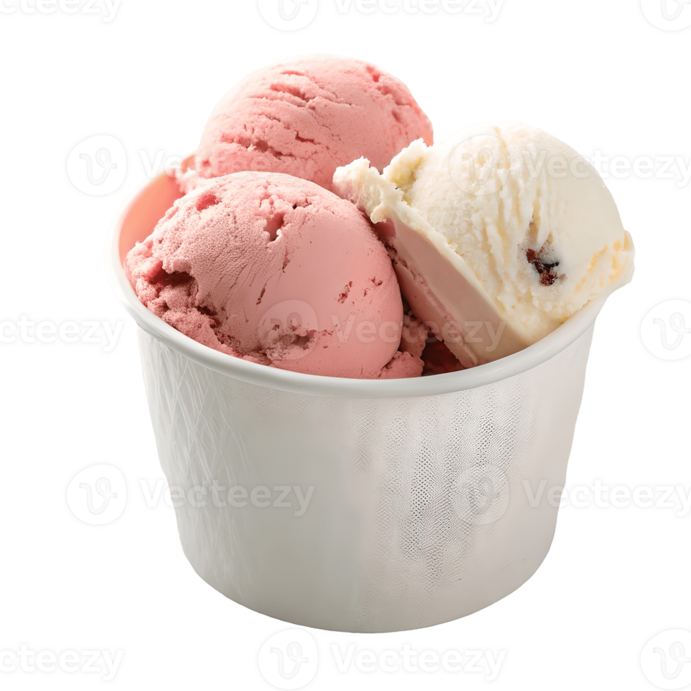 Three Scoops of Ice Cream in White Cup, Pink and White Flavors, Sweet Dessert Delight, Summer Treat Transparent Background png