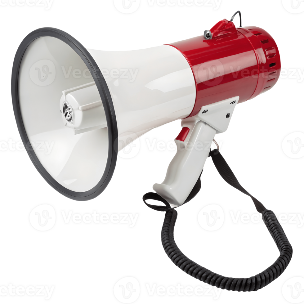 Red and White Megaphone Amplified Communication, Emergency Response, Public Speaking Tool Transparent Background png