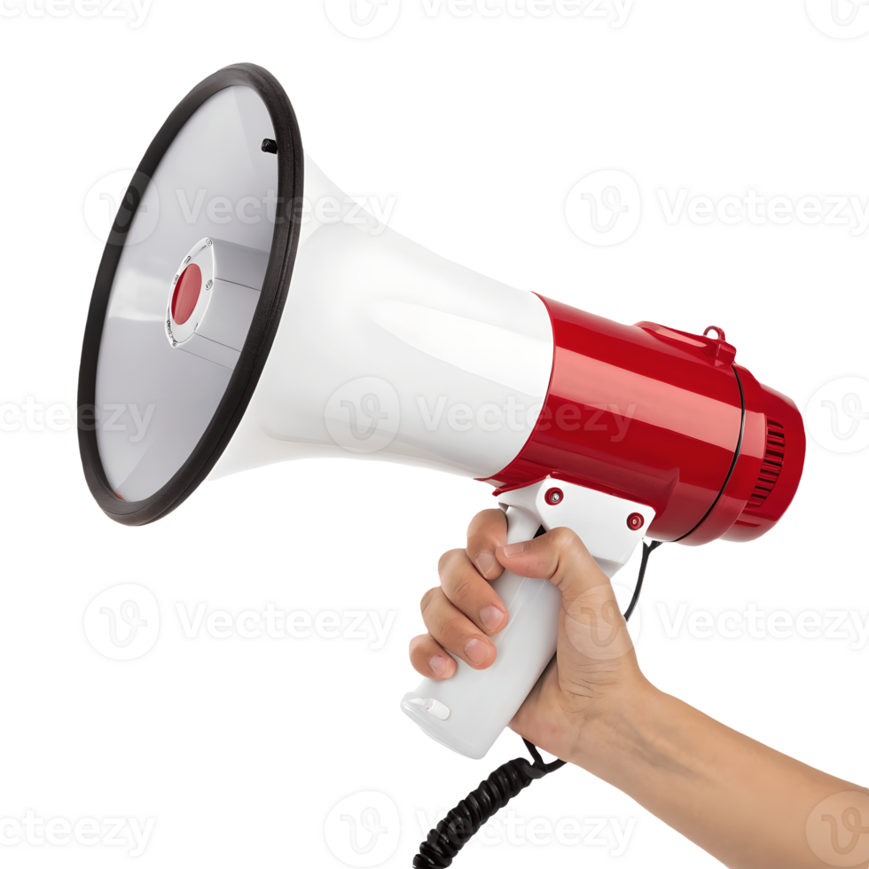 Hand Holding Red and White Megaphone on Loud Communication, Public Announcement, Speech Tool Transparent Background png