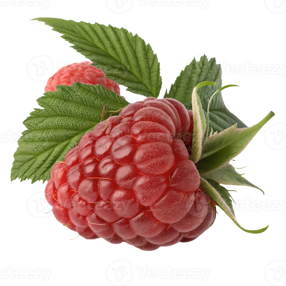 Fresh Raspberries with Green Leaves, Red Berry Delight, Healthy Eating, Sweet and Juicy, Food Photography Transparent Background png
