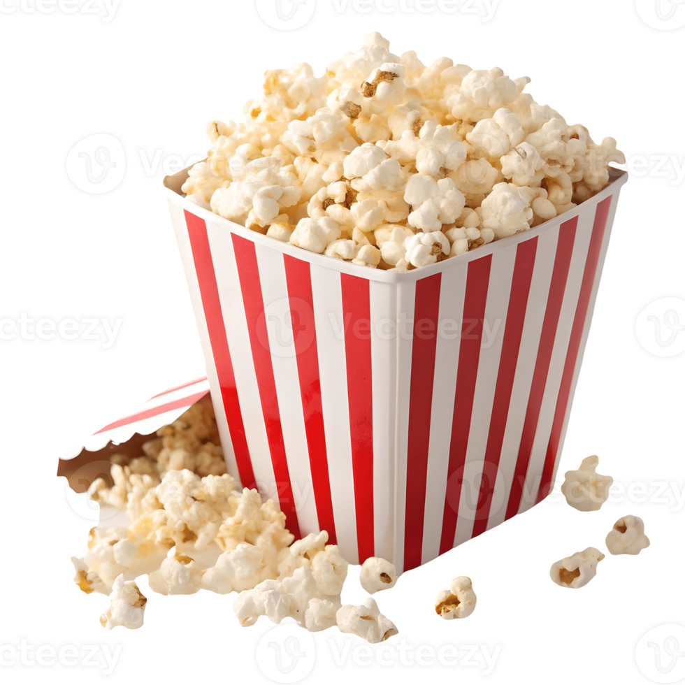 Overflowing Popcorn Bucket Delicious Movie Treat, Red and White Stripes Transparent Background png