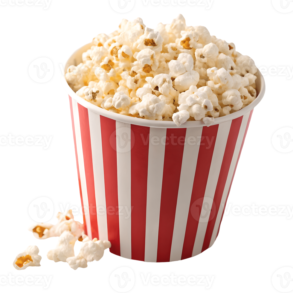 Overflowing Popcorn Bucket Classic Red and White Stripes, Movie Snack, Isolated, Delicious, Fresh, Entertainment, Cinema Treat Transparent Background png
