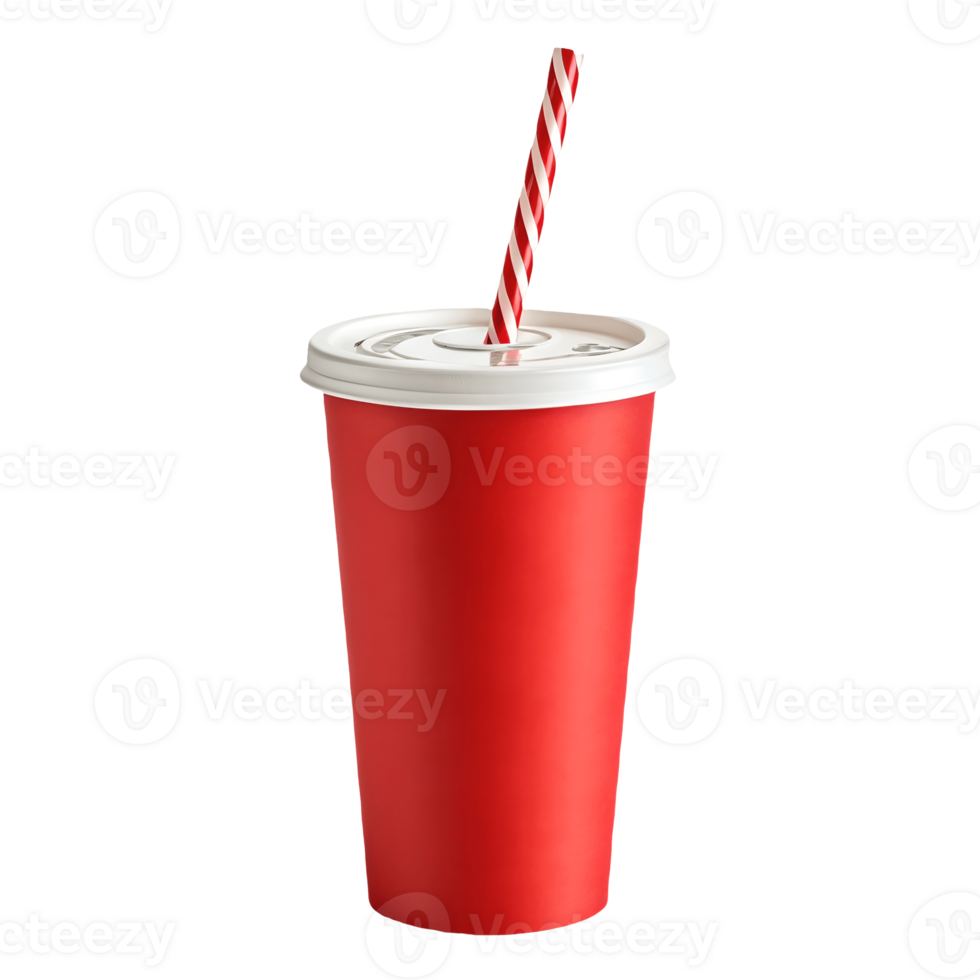 Red Soda Cup with Striped Straw Isolated, Refreshment Drink, Disposable Container, Sweet Beverage, Cold Drink, Takeout Cup, Bright Lighting, Studio Shot Transparent Background png