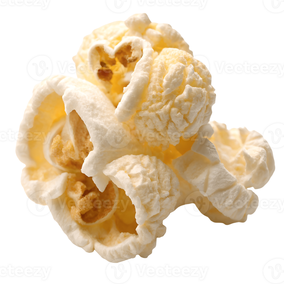 Close Up of Delicious Fresh Popcorn Snack on Movie Night Food, Buttered Kernels, Crunchy Texture, Isolated Popcorn Transparent Background png