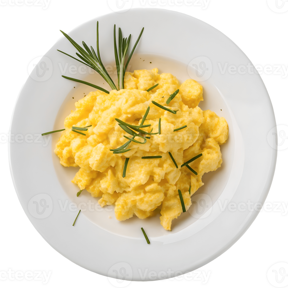Gourmet Scrambled Eggs on White Plate Fresh Rosemary Garnish, Culinary Presentation, Breakfast Delight Transparent Background png